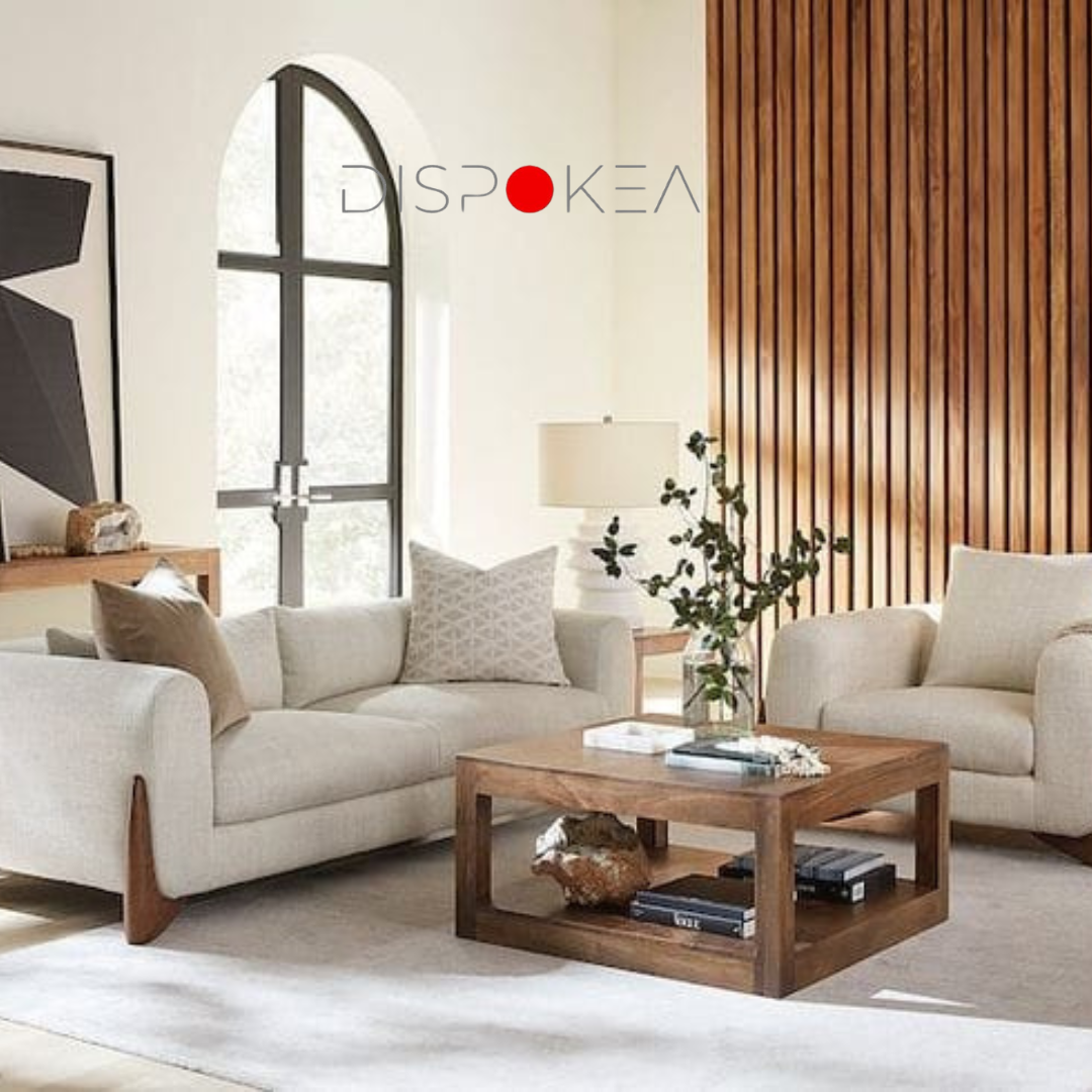 Salon : Canapé 3 Places + Fauteuil Nordique Bois Noyer : Élégance Minimaliste Pour Les Petits Espaces