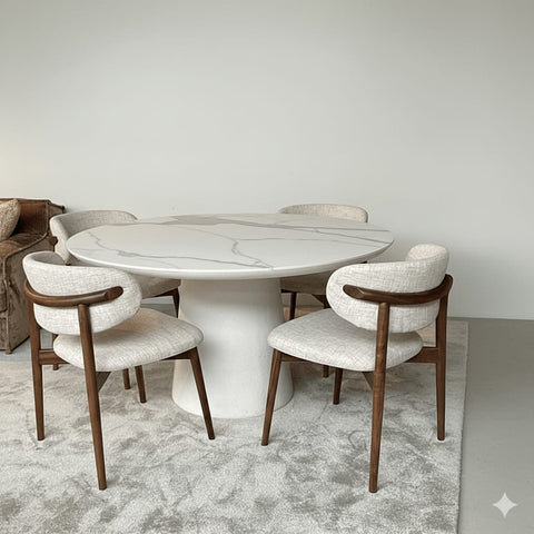 Ensemble Salle à Manger Minimaliste – Table Ronde Beige & Chaises Gris Texturé