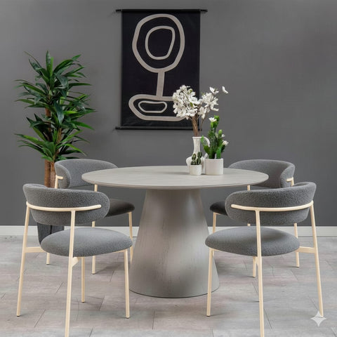 Ensemble Salle à Manger Minimaliste – Table Ronde Beige & Chaises Gris Texturé