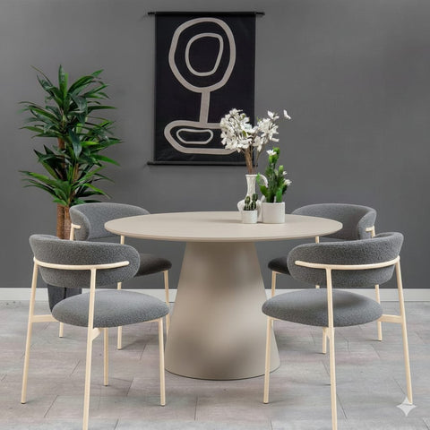 Ensemble Salle à Manger Minimaliste – Table Ronde Beige & Chaises Gris Texturé